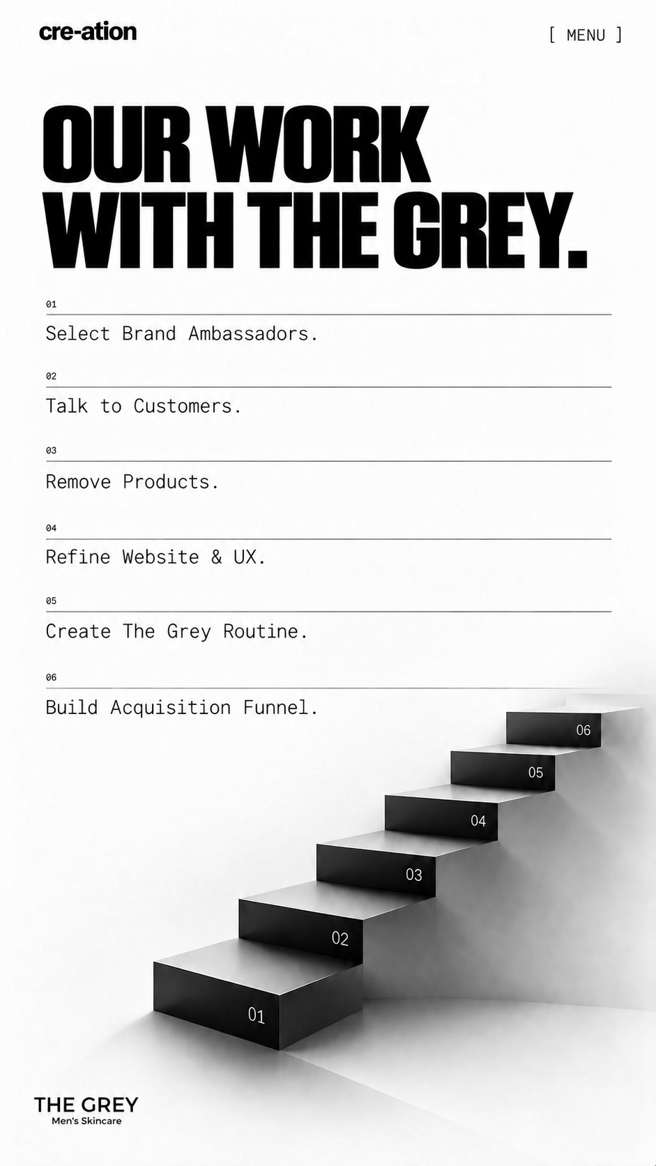 Our work with The Grey: select brand ambassadors, talk to customers, remove products, refine website and UX, create The Grey Routine, and build an acquisition funnel.