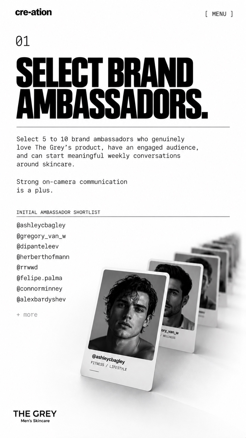 01. Select brand ambassadors. Choose 5 to 10 people who love The Grey products and engage their audiences in skincare conversations.